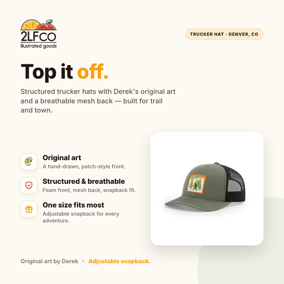 UFO Lightweight Trucker Hat — Snapback with Woven Patch — illustrated by Two Little Fruits, made in Denver