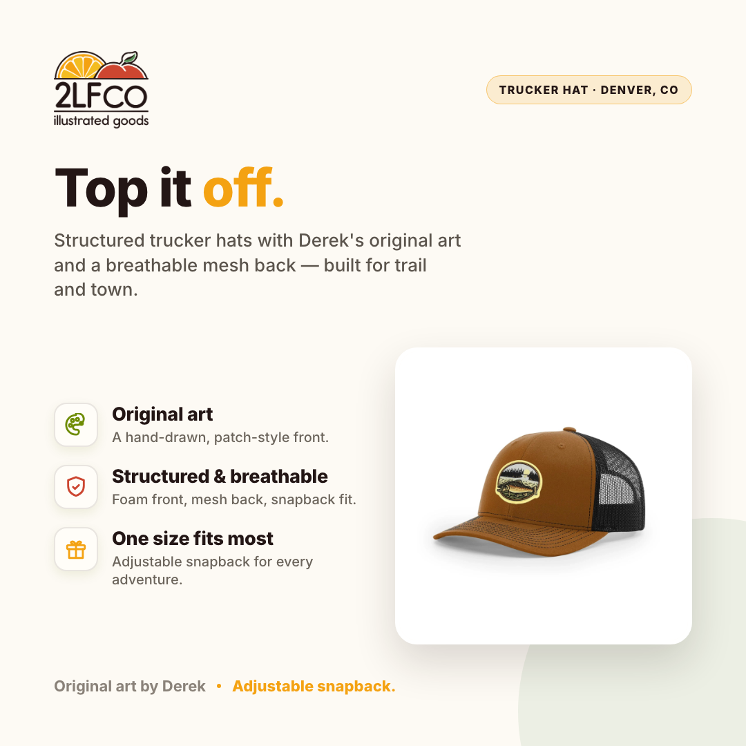 Trout Trucker Hat — illustrated by Two Little Fruits, made in Denver