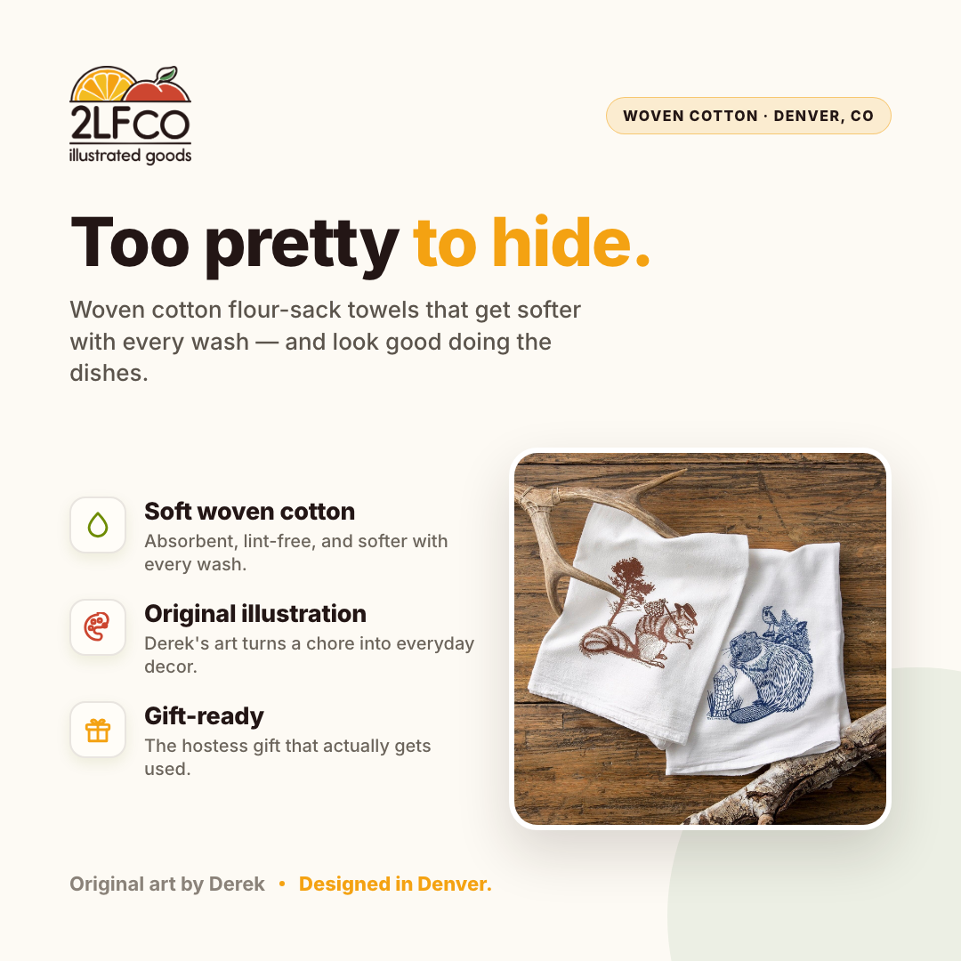 Squirrel & Beaver Tea Towel Set — 100% Cotton — illustrated by Two Little Fruits, made in Denver