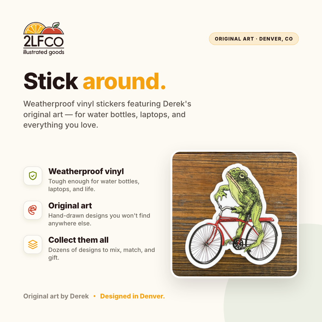 Frog Art Vinyl Sticker — illustrated by Two Little Fruits, made in Denver