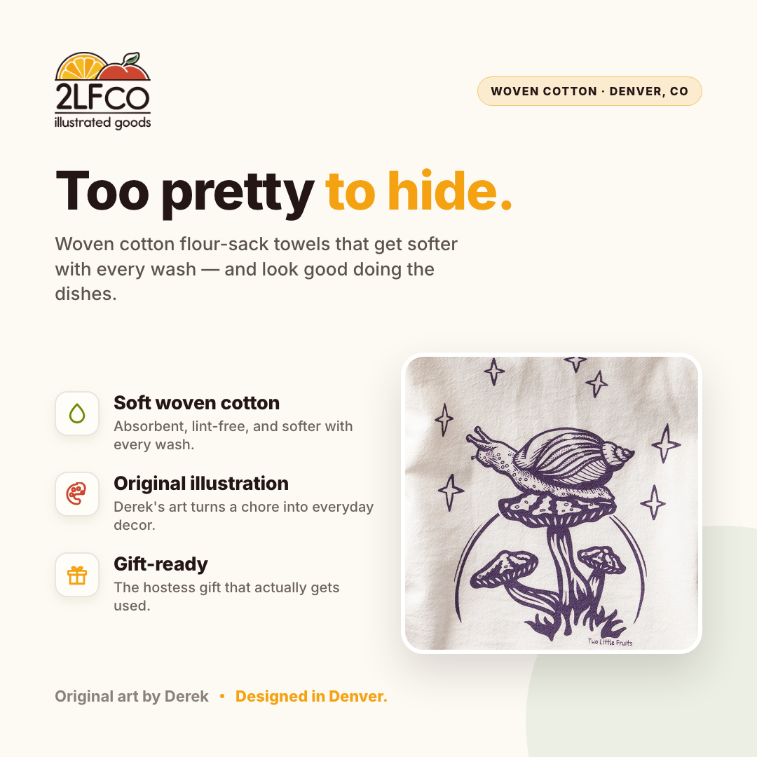 Mushroom Tea Towel — 100% Cotton Kitchen Towel — illustrated by Two Little Fruits, made in Denver