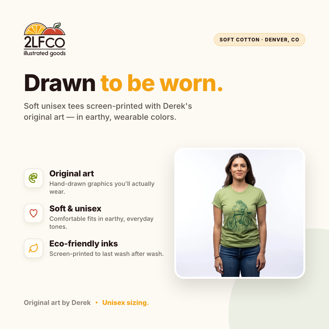 Unisex Frog Shirt - Eco-Friendly Toadster Design on Soft Heather Gr... — illustrated by Two Little Fruits, made in Denver