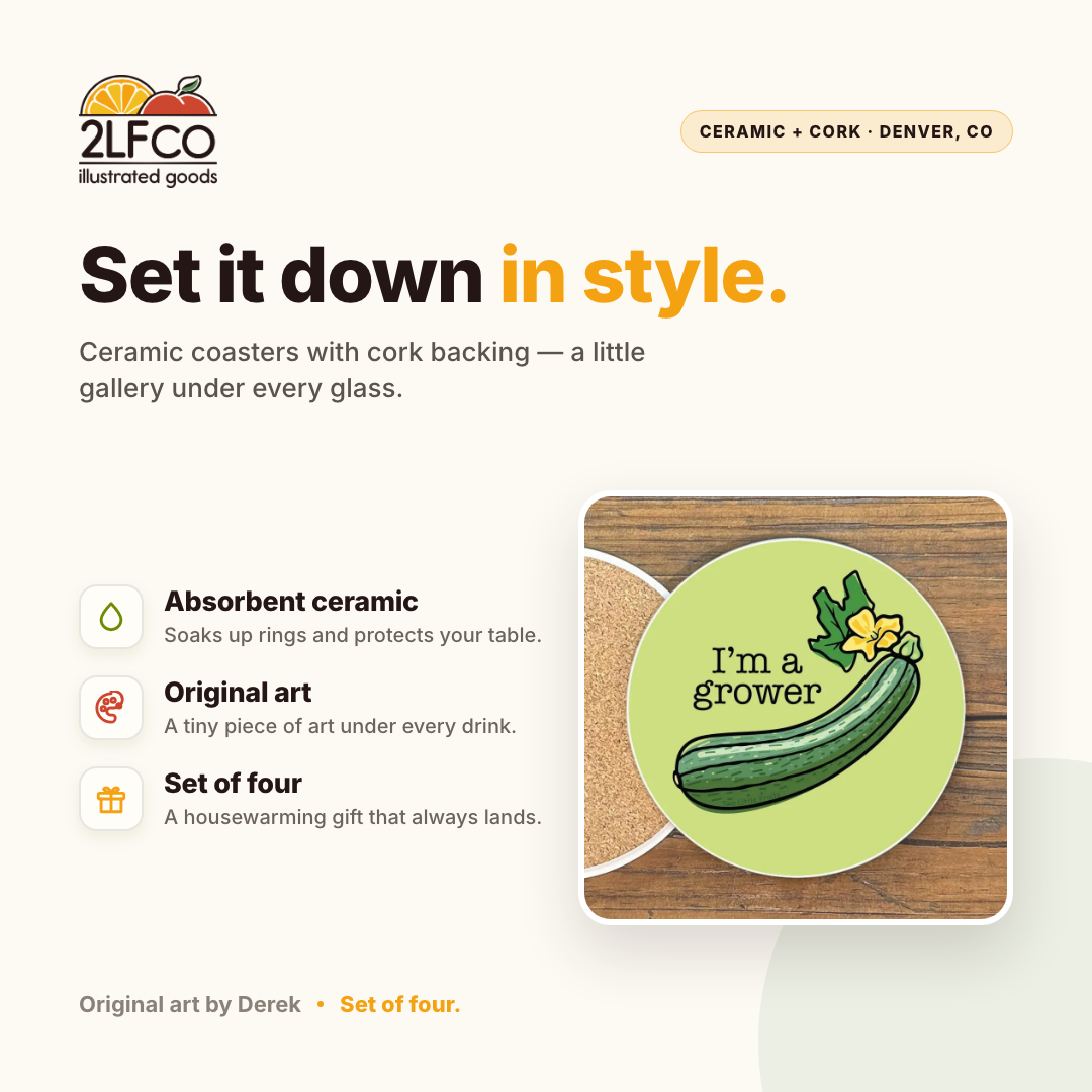 Garden Zucchini Coaster — illustrated by Two Little Fruits, made in Denver