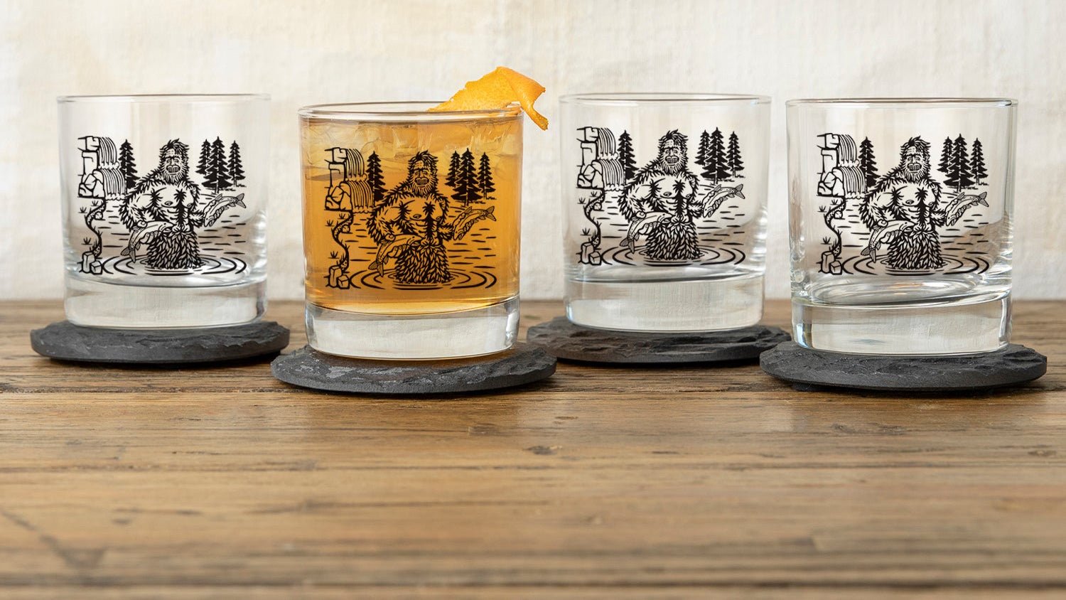 Sasquatch Whiskey Tumbler - 10 Oz Black Glass With Original Two Little Fruits Design - Rocks Glass - Two Little Fruits - Two Little Fruits