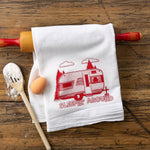 Sleepin' Around Camping Tea Towel - 100Cotton, Eco - Friendly Design with Vintage Trailer - Tea Towels - Two Little Fruits - Two Little Fruits