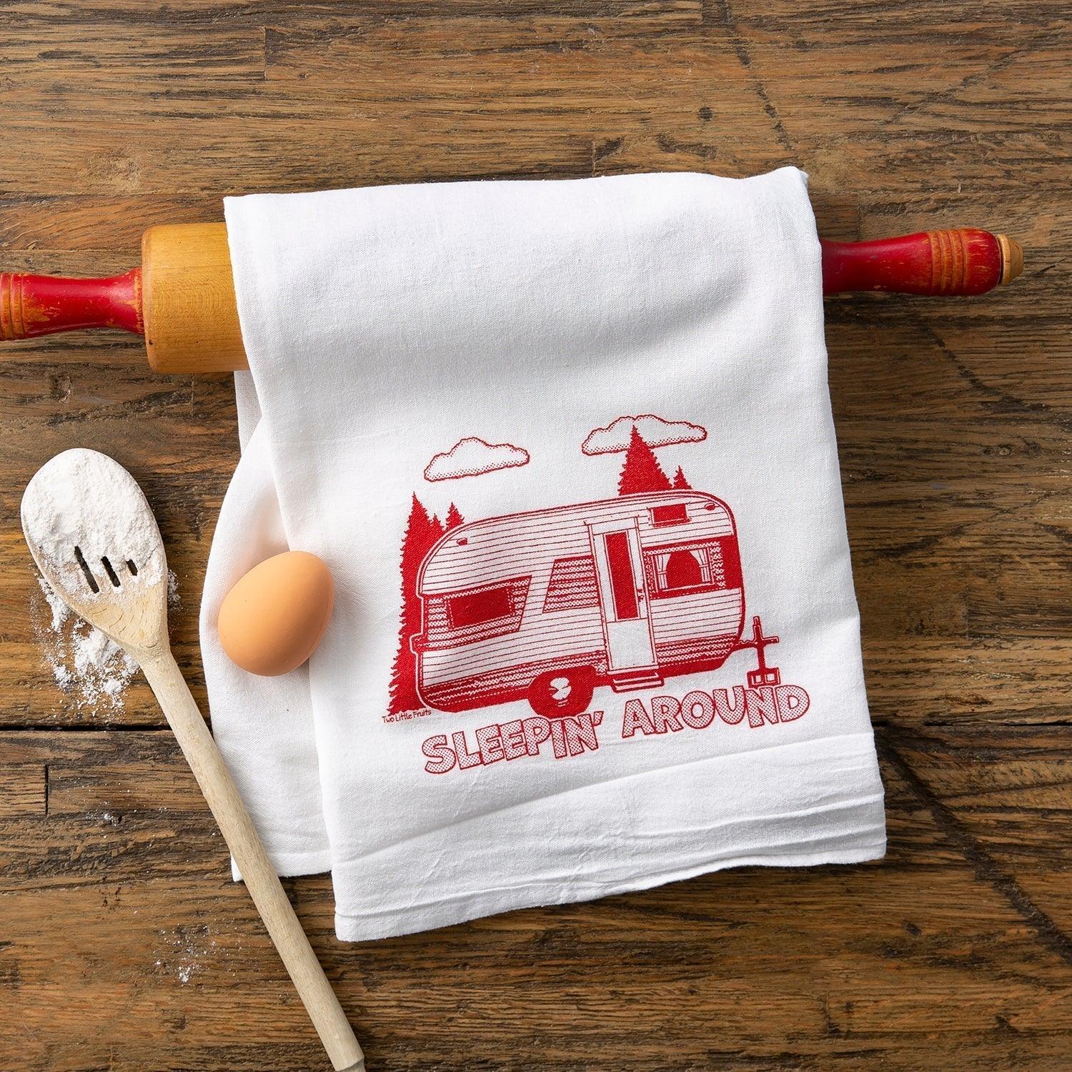 Sleepin' Around Camping Tea Towel - 100Cotton, Eco - Friendly Design with Vintage Trailer - Tea Towels - Two Little Fruits - Two Little Fruits