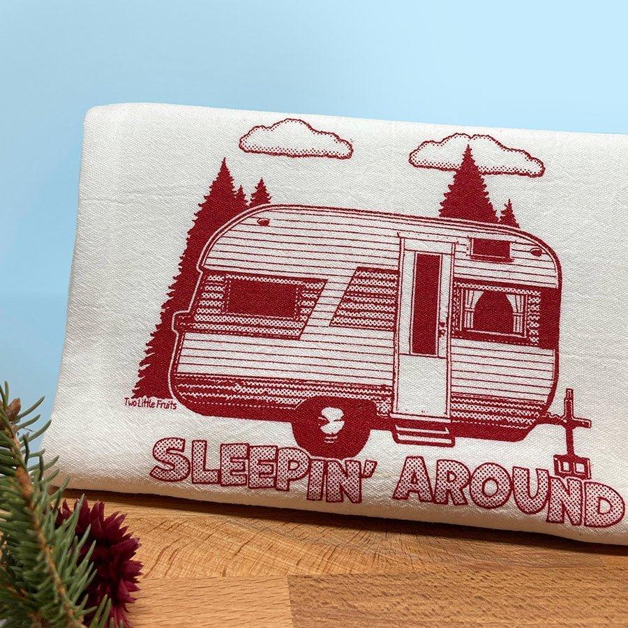 Sleepin' Around Camping Tea Towel - 100Cotton, Eco - Friendly Design with Vintage Trailer - Tea Towels - Two Little Fruits - Two Little Fruits