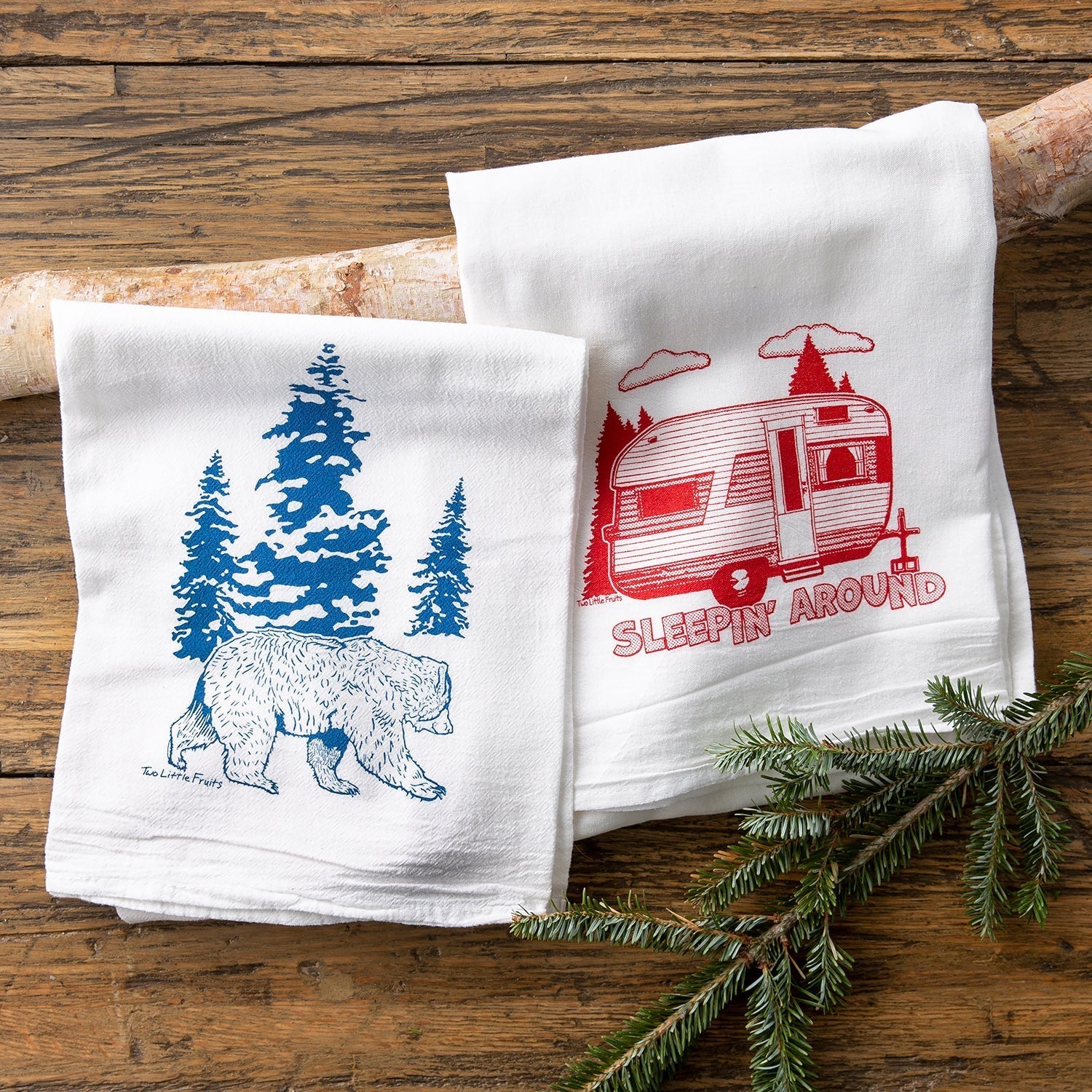 Sleepin' Around Cotton Tea Towel Set - Vintage Camper Trailer & Bear Designs, Eco - Friendly Fun - Tea Towels - Two Little Fruits - Two Little Fruits