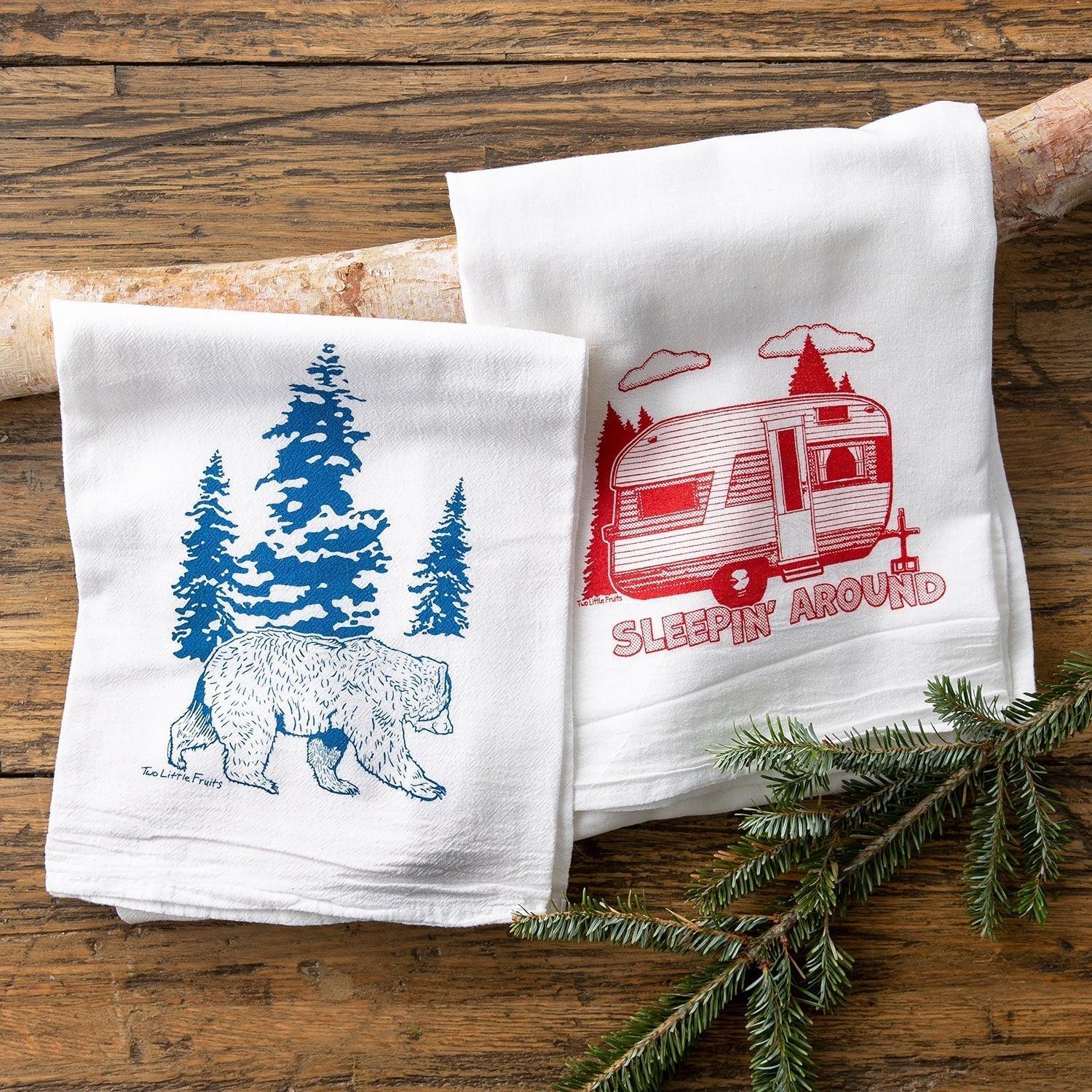 Sleepin' Around illustrated tea towel by Two Little Fruits