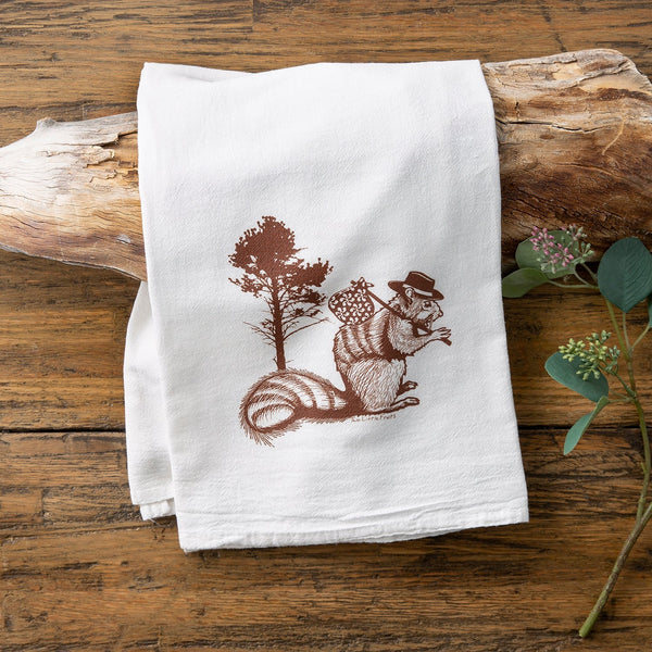 Close-up of the Hobo Squirrel tea towel from the Squirrel and Beaver Tea Towel Set, depicting a charming illustration on unique cotton tea towels.