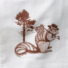 A charming squirrel tea towel featuring a whimsical illustration of a squirrel wearing a hat, standing beside a tree, perfect for adding a touch of fun to your kitchen.