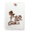 A squirrel tea towel displayed with a tag, featuring a playful illustration of a squirrel, perfect for gifts or personal use in a stylish kitchen.