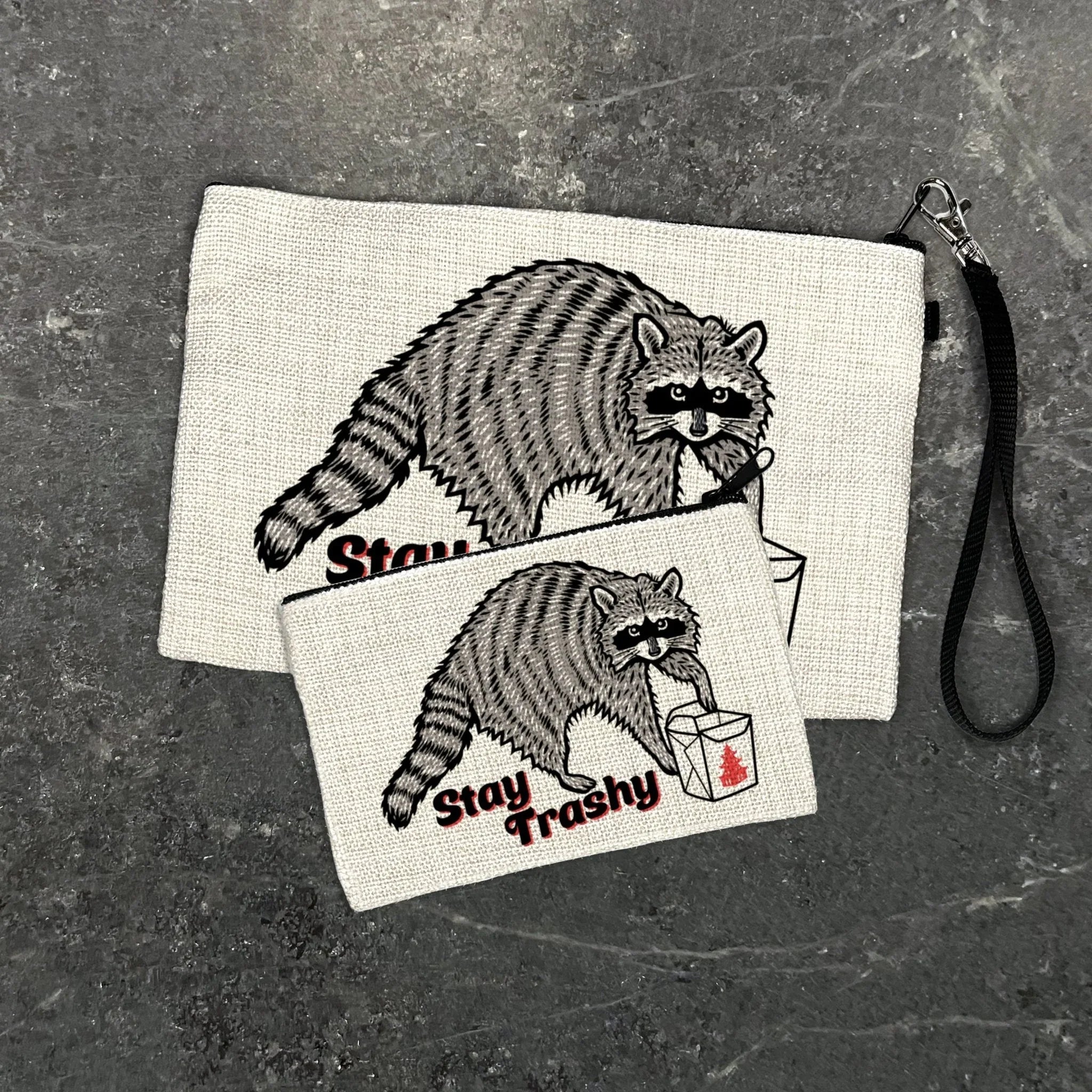 Stay Trashy Raccoon illustrated zipper pouch by Two Little Fruits