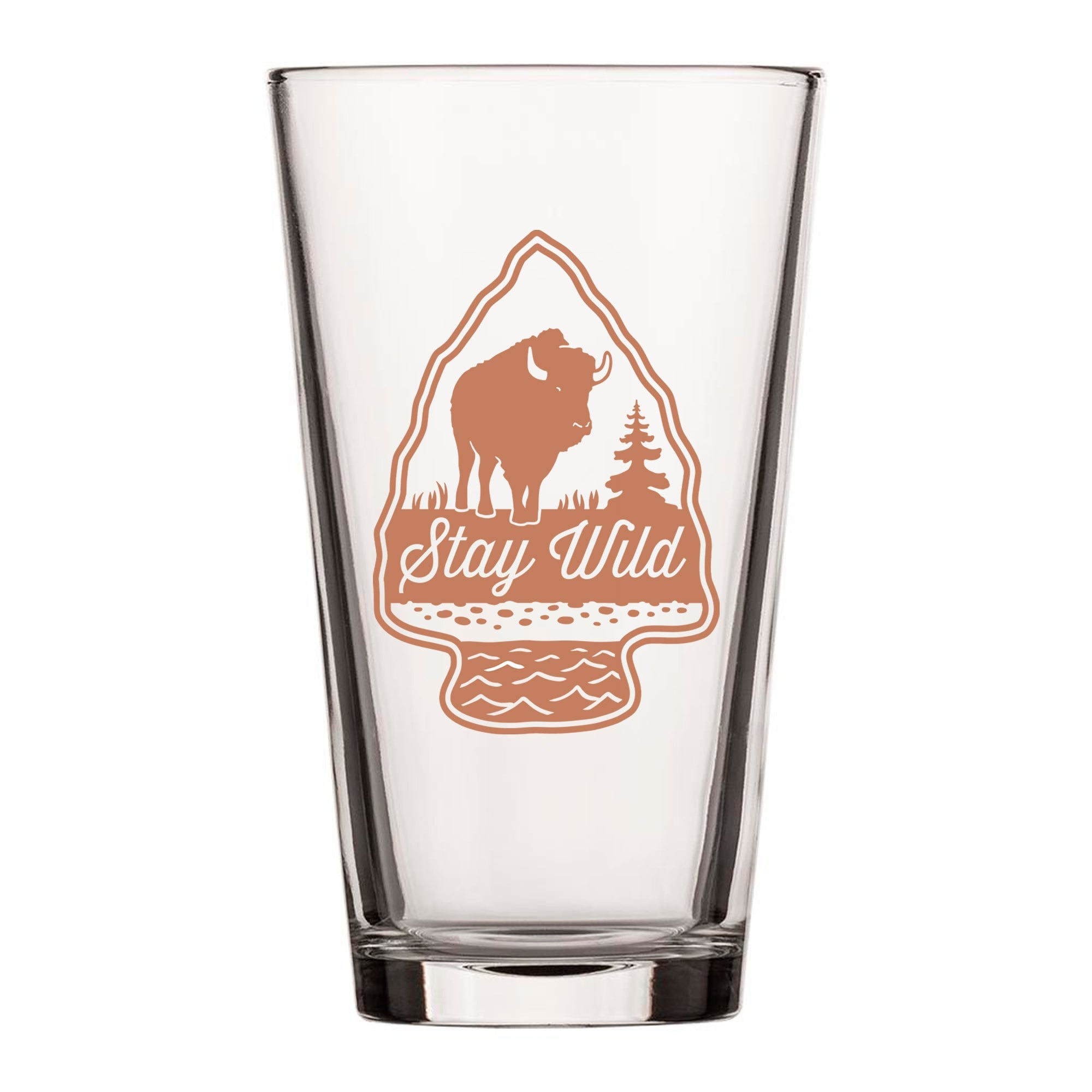 A clear glass with a printed design featuring a bison silhouette and the text "Stay Wild" on it.