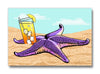 Tipsy Star Fish Fridge Magnet featuring a vibrant starfish design relaxing on the beach with a refreshing drink. This unique decorative magnet is perfect for adding personality to your kitchen.