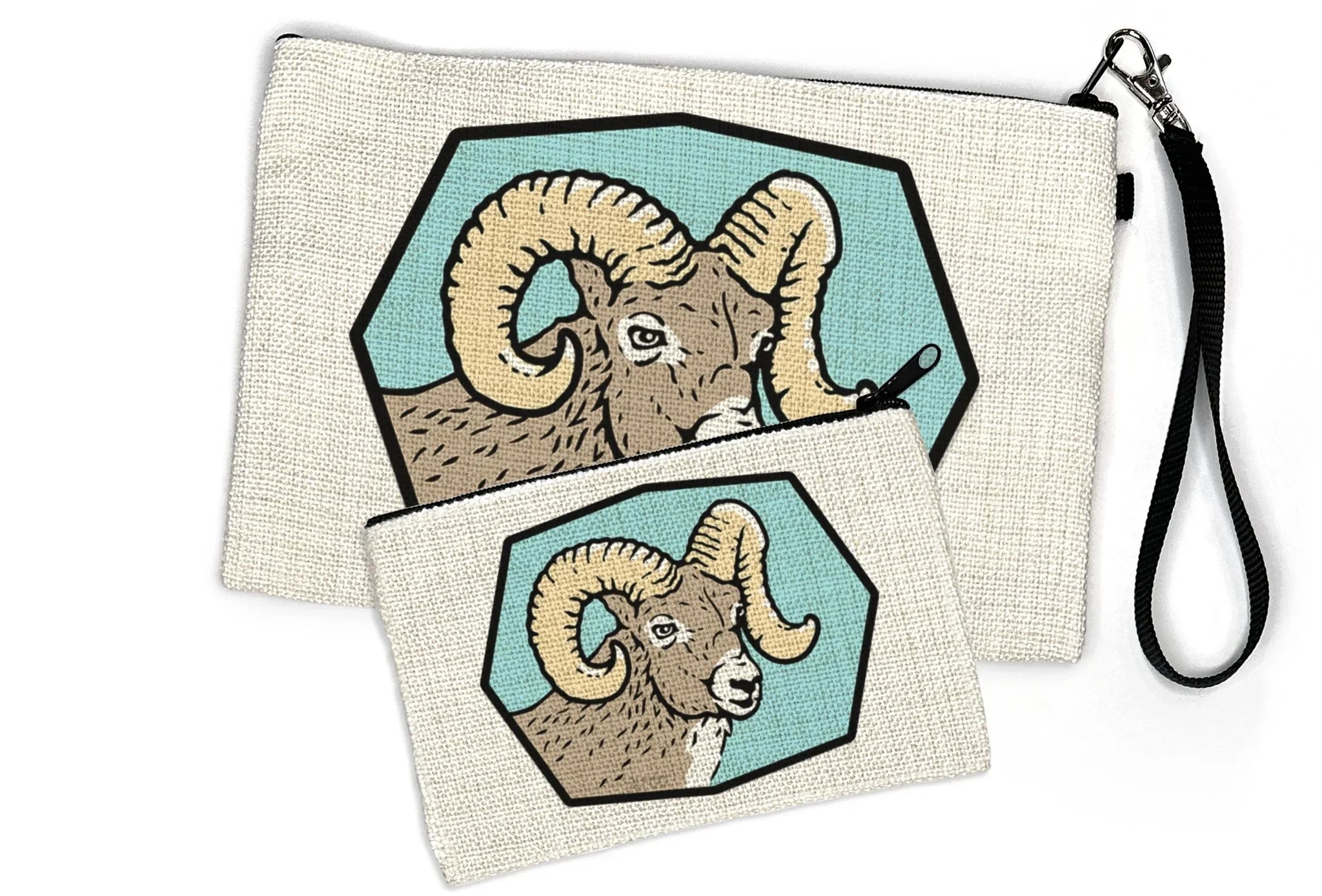 Bighorn RAM Accessory Pouch available in two sizes, a stylish portable organizer pouch for toiletries and everyday items with a fun printed design.