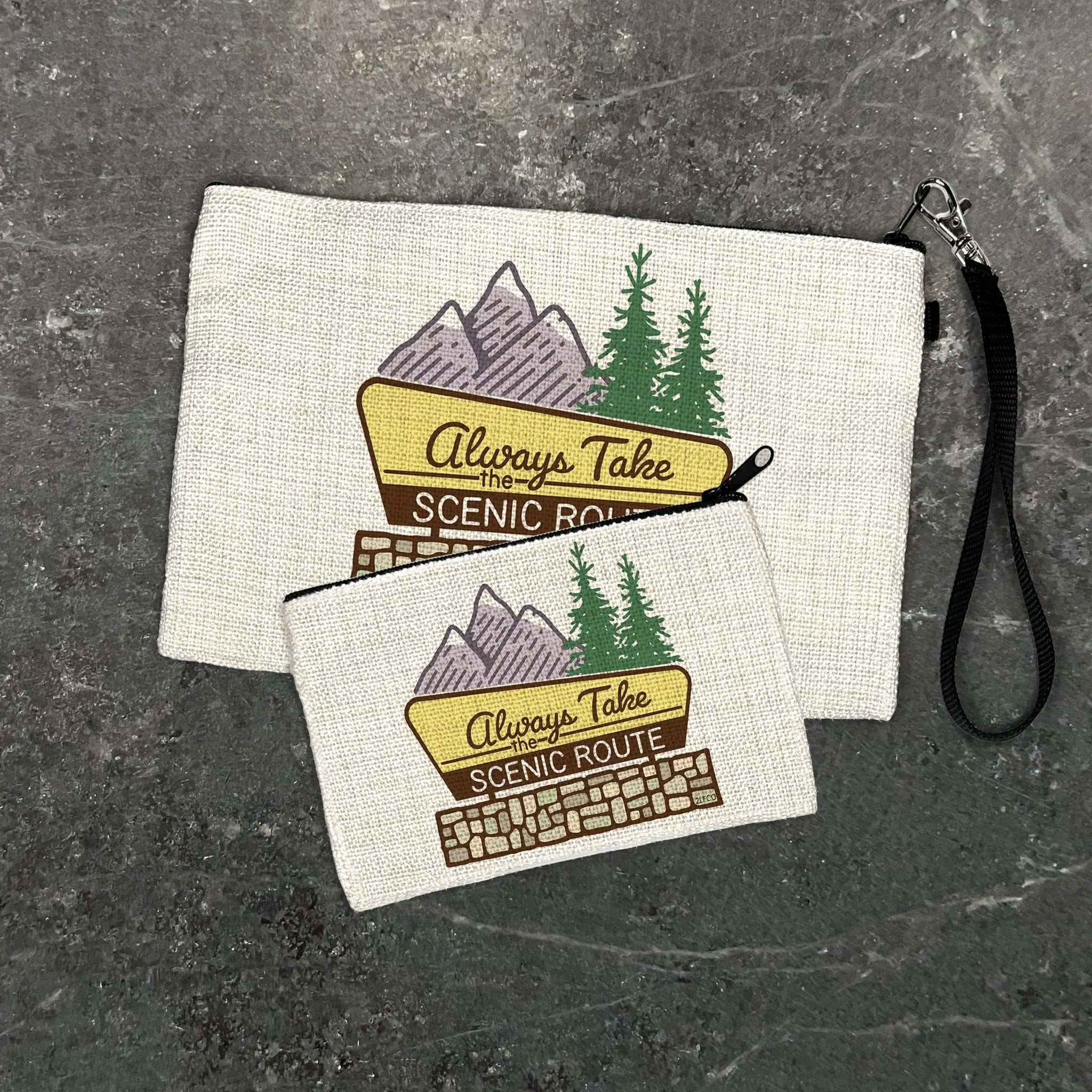 Always Take The Scenic Route illustrated zipper pouch by Two Little Fruits