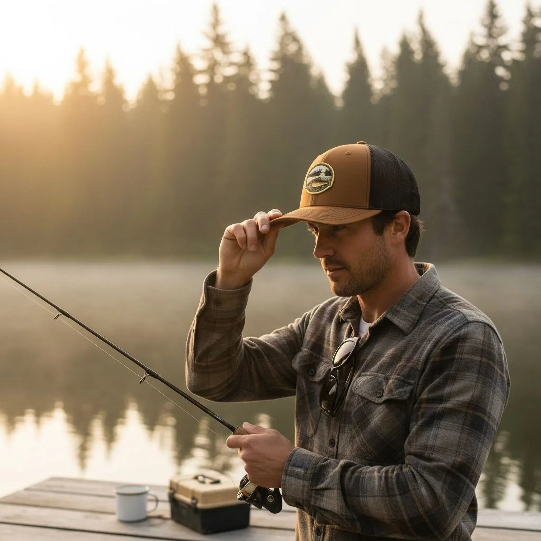 A man in a plaid shirt and baseball cap stands on a dock, holding a fishing rod and looking at his reflection in the water.