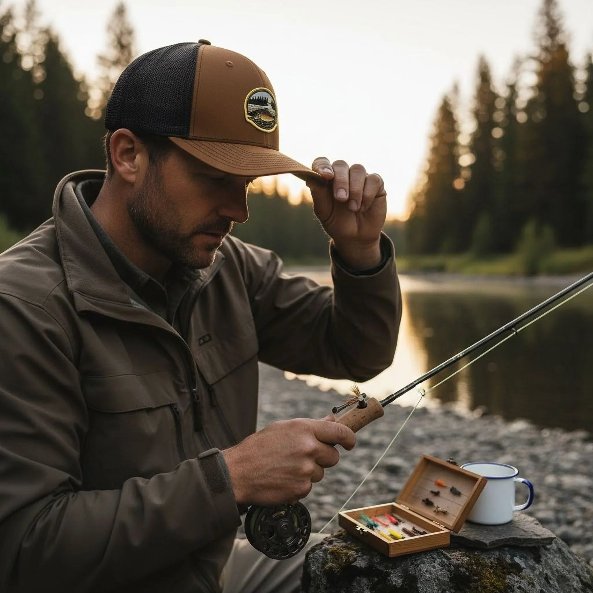 A man in a brown jacket and hat is sitting on a rock by a river, holding a fishing rod and preparing to cast a line.