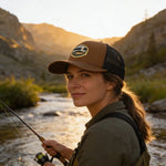 A woman in a green jacket and brown hat stands by a river, holding a fishing rod and smiling at the camera.