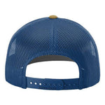 A blue mesh baseball cap with a yellow button on the front.