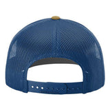 A blue mesh baseball cap with a yellow button on the front.