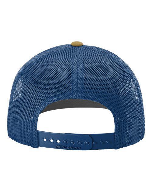 A blue mesh baseball cap with a yellow button on the front.