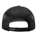 A black mesh baseball cap with a brown button on the front.