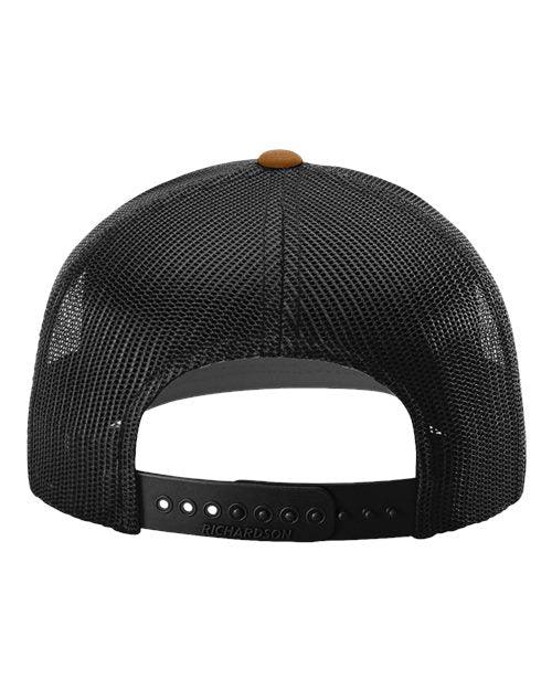 A black mesh baseball cap with a brown button on the front.