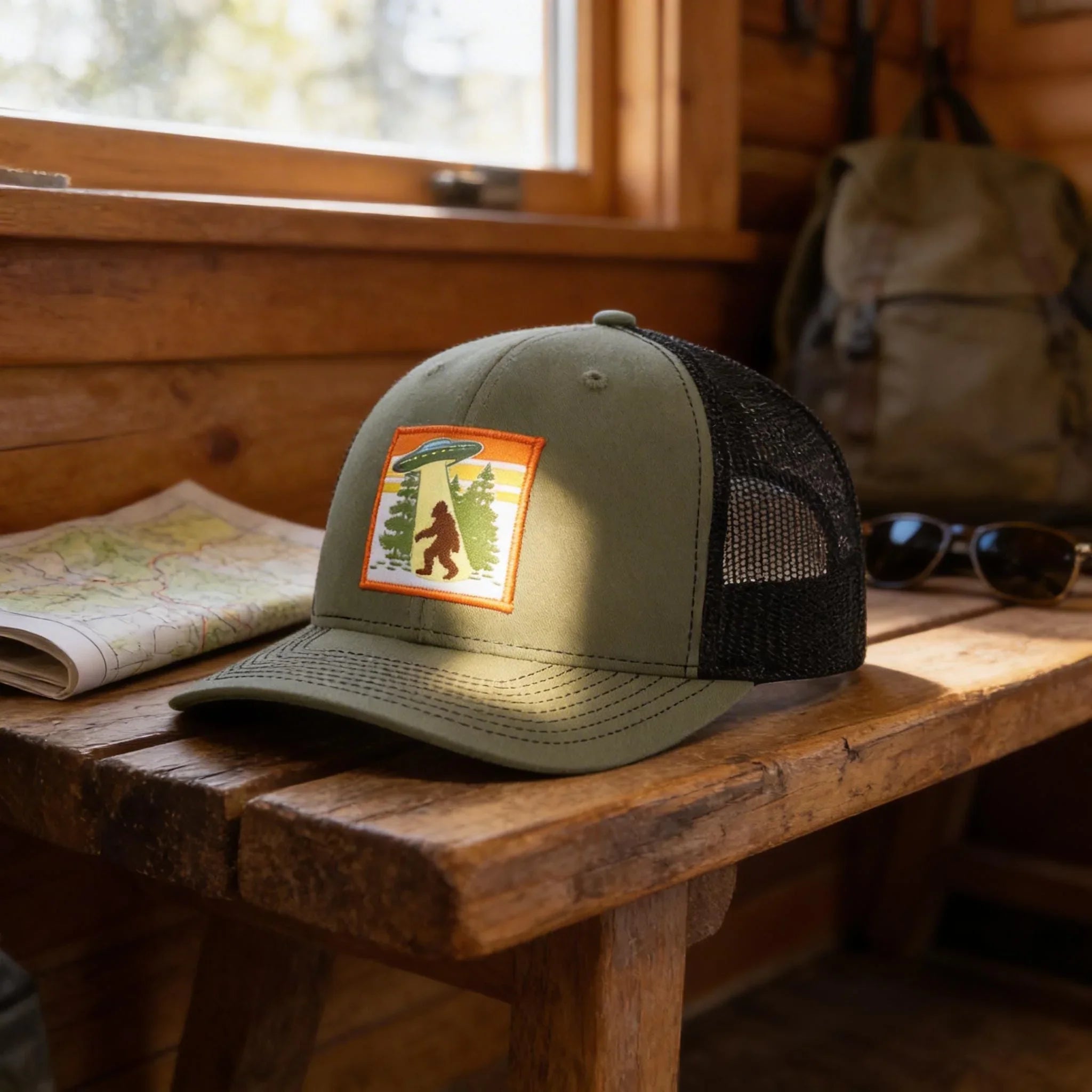 A green baseball cap with a black mesh panel and an orange patch featuring a silhouette of a person is placed on a wooden bench.