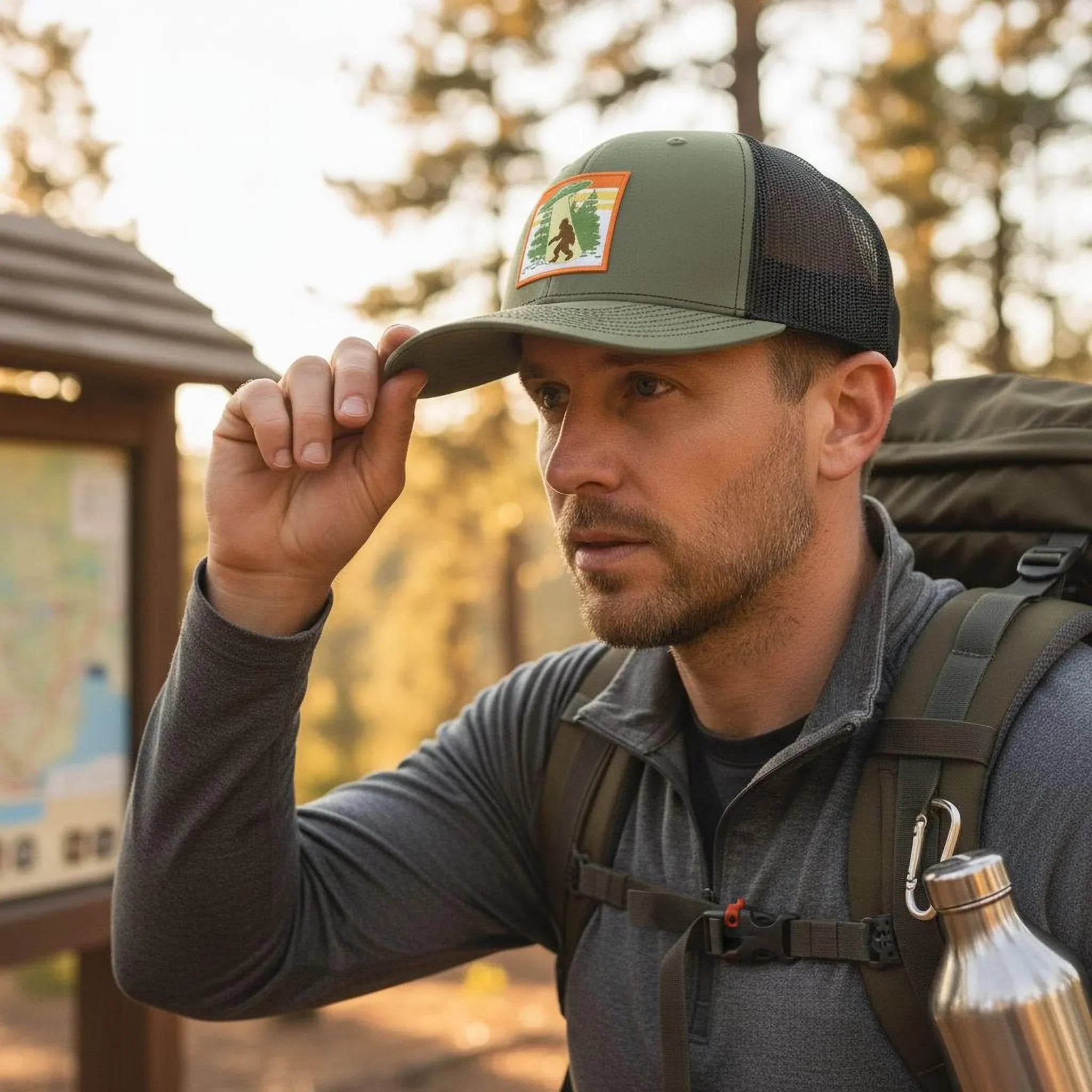 A man wearing a green baseball cap with a patch and a backpack stands in a wooded area, holding his cap up to his face.