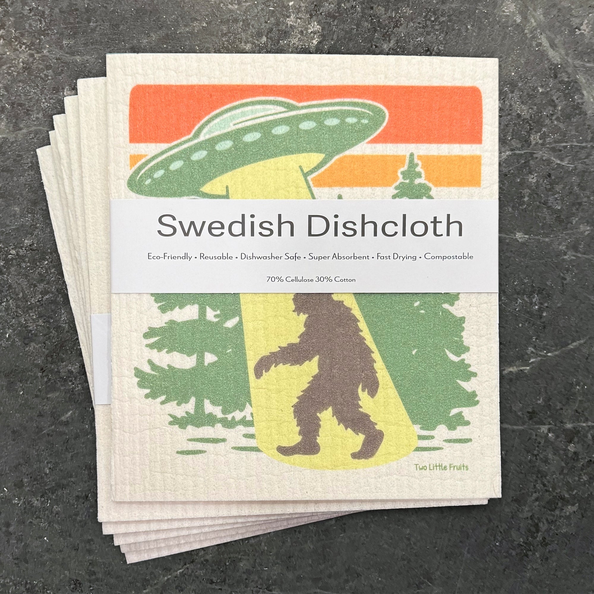 UFO Sasquatch Dishcloth - Biodegradable & Compostable, Durable 6.5 x 8 in Eco - Friendly Kitchen Cleaners - Swedish Dish Cloth - Two Little Fruits - Two Little Fruits