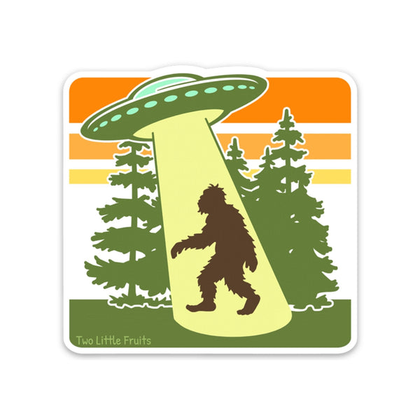 Durable UFO Sasquatch Laptop Sticker made of thick vinyl with a UV laminate, designed to withstand scratches and weather, ideal as a sasquatch laptop sticker.