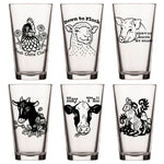 Unique Beer Glass Set featuring a cheerful collection of 6 animal-themed pint glasses with designs like a chicken, sheep, pig, goat, cow, and rabbit, perfect for craft beer lovers.