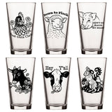 Unique Beer Glass Set featuring a cheerful collection of 6 animal-themed pint glasses with designs like a chicken, sheep, pig, goat, cow, and rabbit, perfect for craft beer lovers.