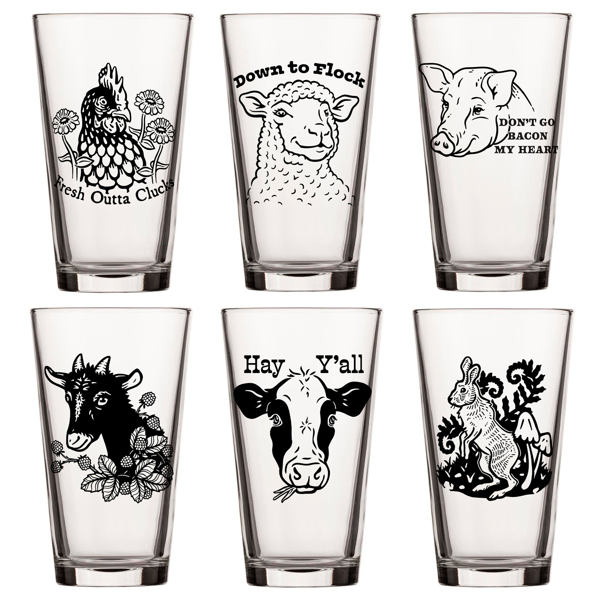 Unique Beer Glass Set featuring a cheerful collection of 6 animal-themed pint glasses with designs like a chicken, sheep, pig, goat, cow, and rabbit, perfect for craft beer lovers.