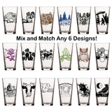 Unique Beer Glass Set - Mix And Match 6 Animal 16 Oz Pint Glasses showcasing a variety of whimsical designs including a bear, chicken, and more, perfect for craft beer lovers.