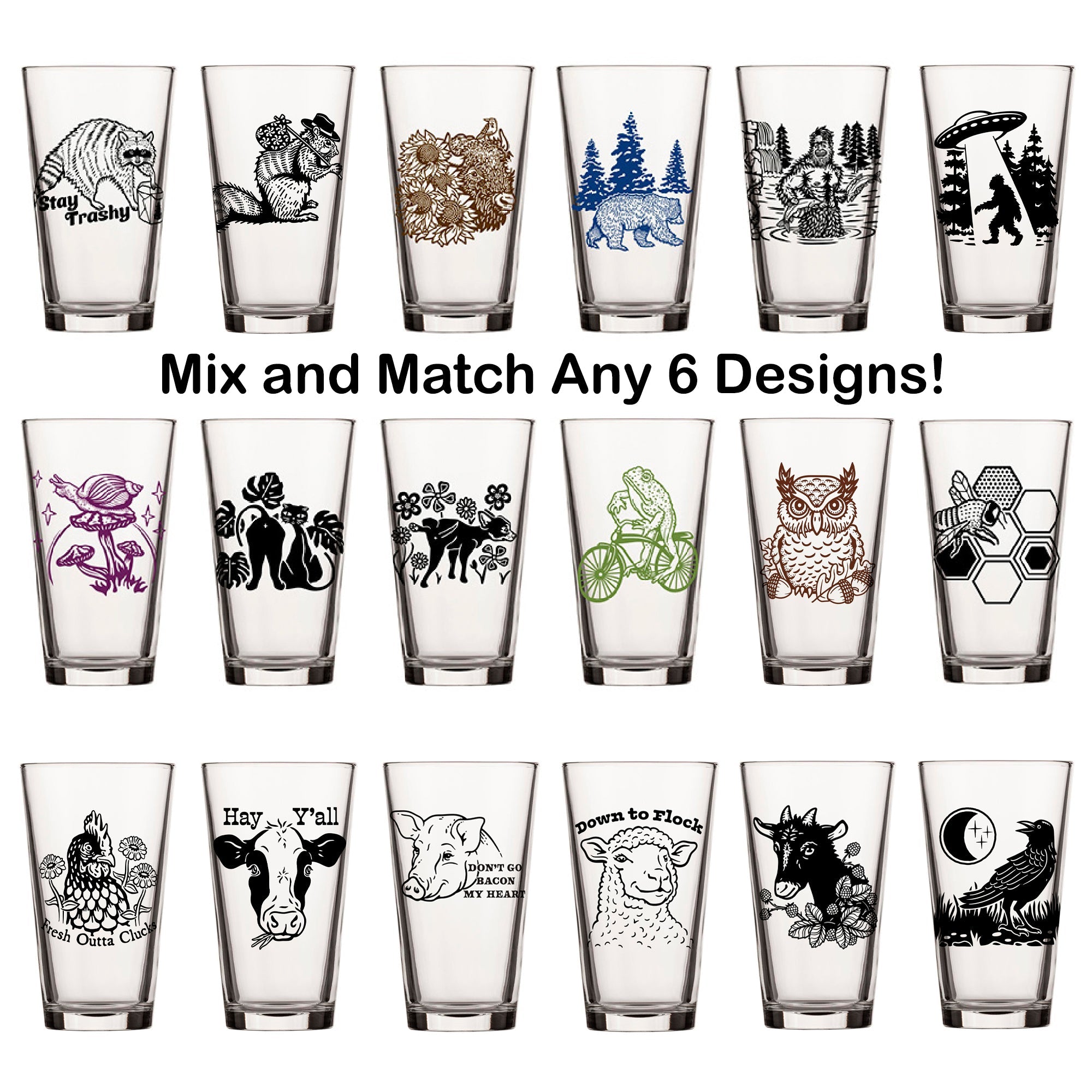 Unique Beer Glass Set - Mix And Match 6 Animal 16 Oz Pint Glasses showcasing a variety of whimsical designs including a bear, chicken, and more, perfect for craft beer lovers.
