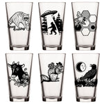 Unique Beer Glass Set showcasing 6 fun pint glasses with playful illustrations including a trash panda, Sasquatch, bee, and more, ideal for craft beer enthusiasts.