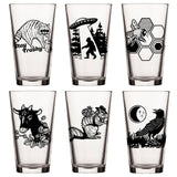 Unique Beer Glass Set showcasing 6 fun pint glasses with playful illustrations including a trash panda, Sasquatch, bee, and more, ideal for craft beer enthusiasts.