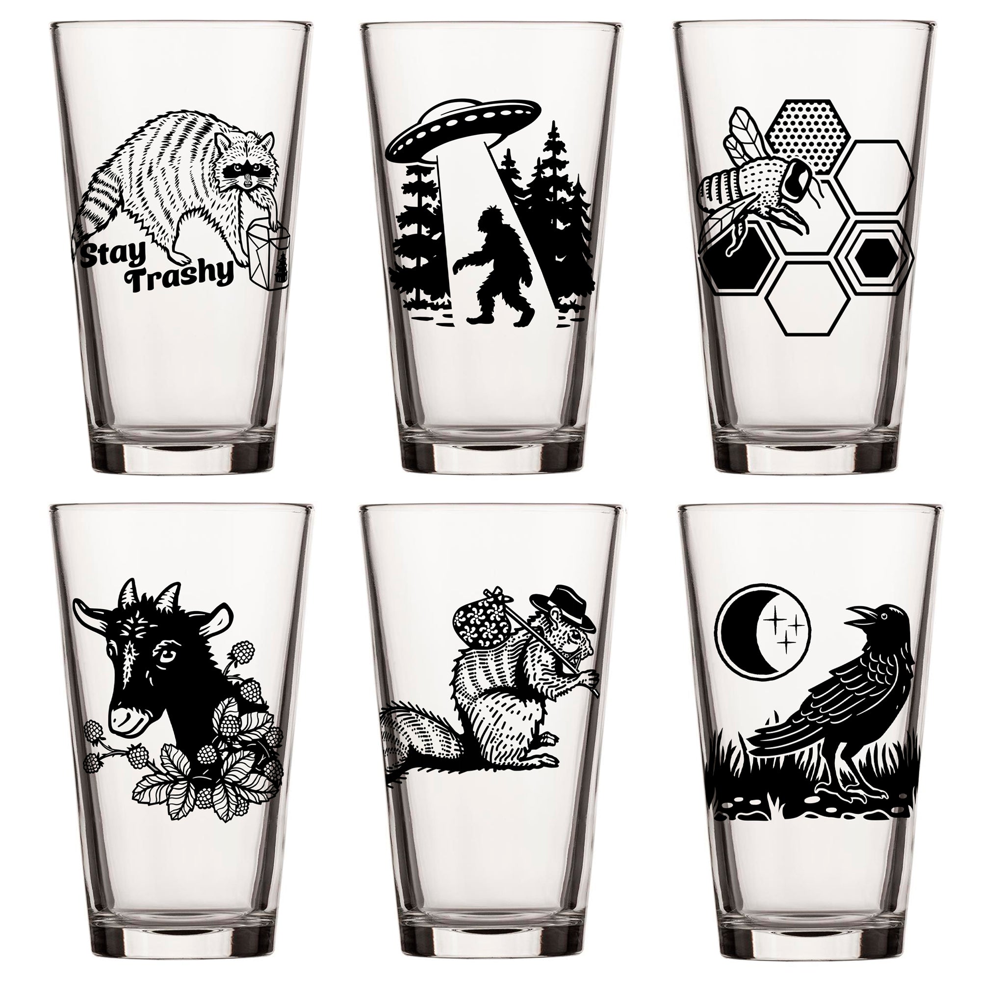 Unique Beer Glass Set showcasing 6 fun pint glasses with playful illustrations including a trash panda, Sasquatch, bee, and more, ideal for craft beer enthusiasts.
