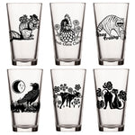 Unique Beer Glass Set displaying 6 whimsical animal-themed pint glasses featuring designs such as a squirrel, chicken, and trash panda, perfect for elevating your craft beer experience.