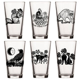 Unique Beer Glass Set displaying 6 whimsical animal-themed pint glasses featuring designs such as a squirrel, chicken, and trash panda, perfect for elevating your craft beer experience.