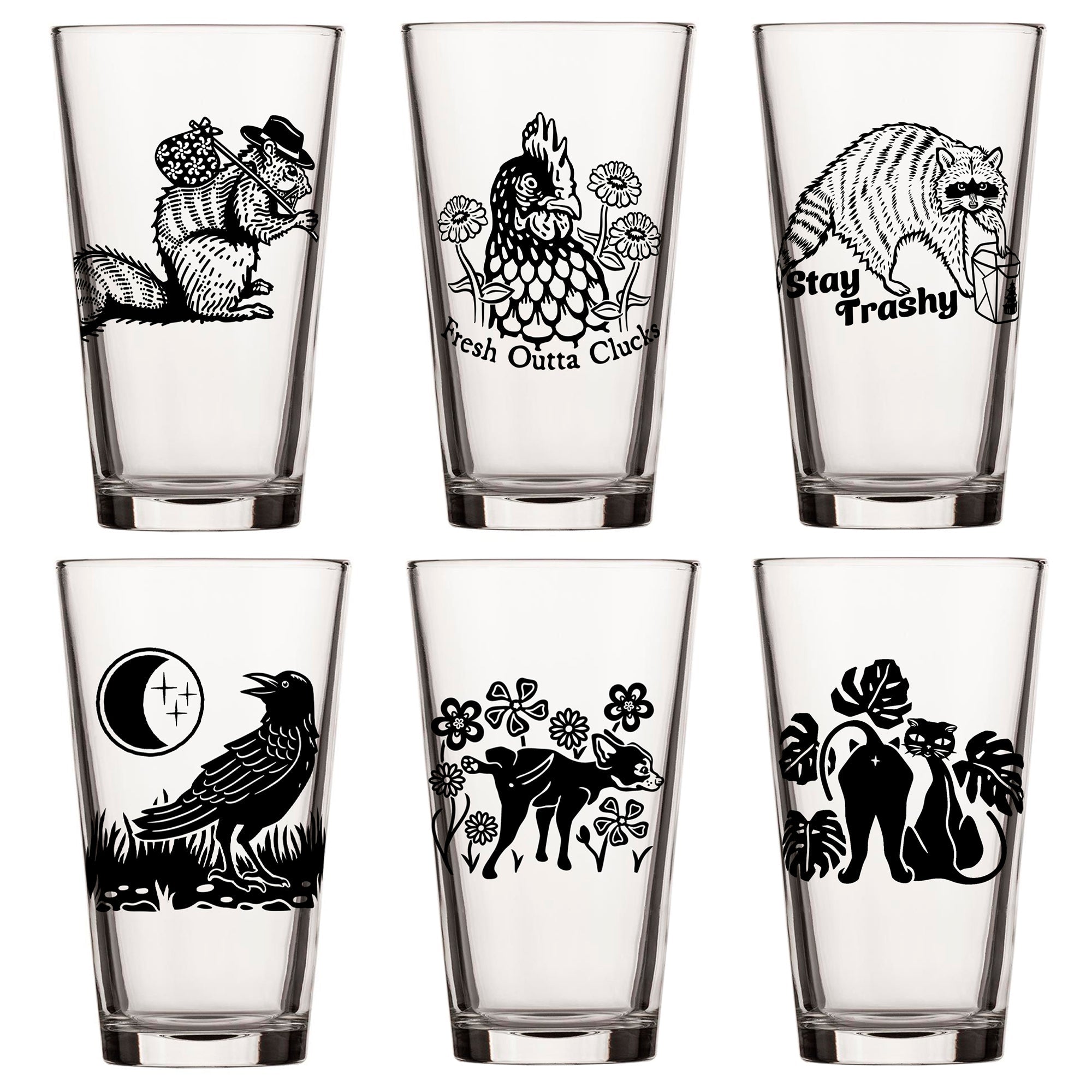 Unique Beer Glass Set displaying 6 whimsical animal-themed pint glasses featuring designs such as a squirrel, chicken, and trash panda, perfect for elevating your craft beer experience.