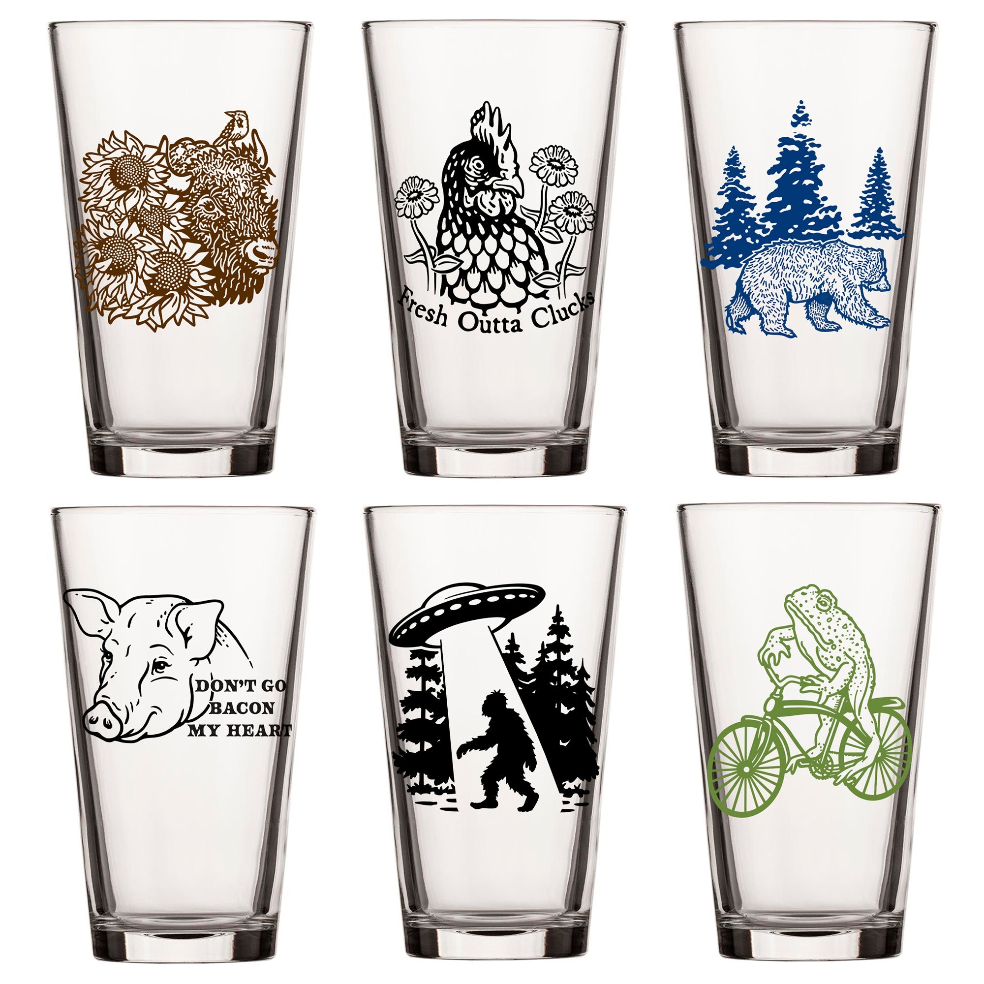 Unique Beer Glass Set - Mix And Match 6 Animal 16 Oz Pint Glasses featuring an assortment of vibrant designs with a bear, chicken, pig, and UFO, perfect for your craft beer collection.