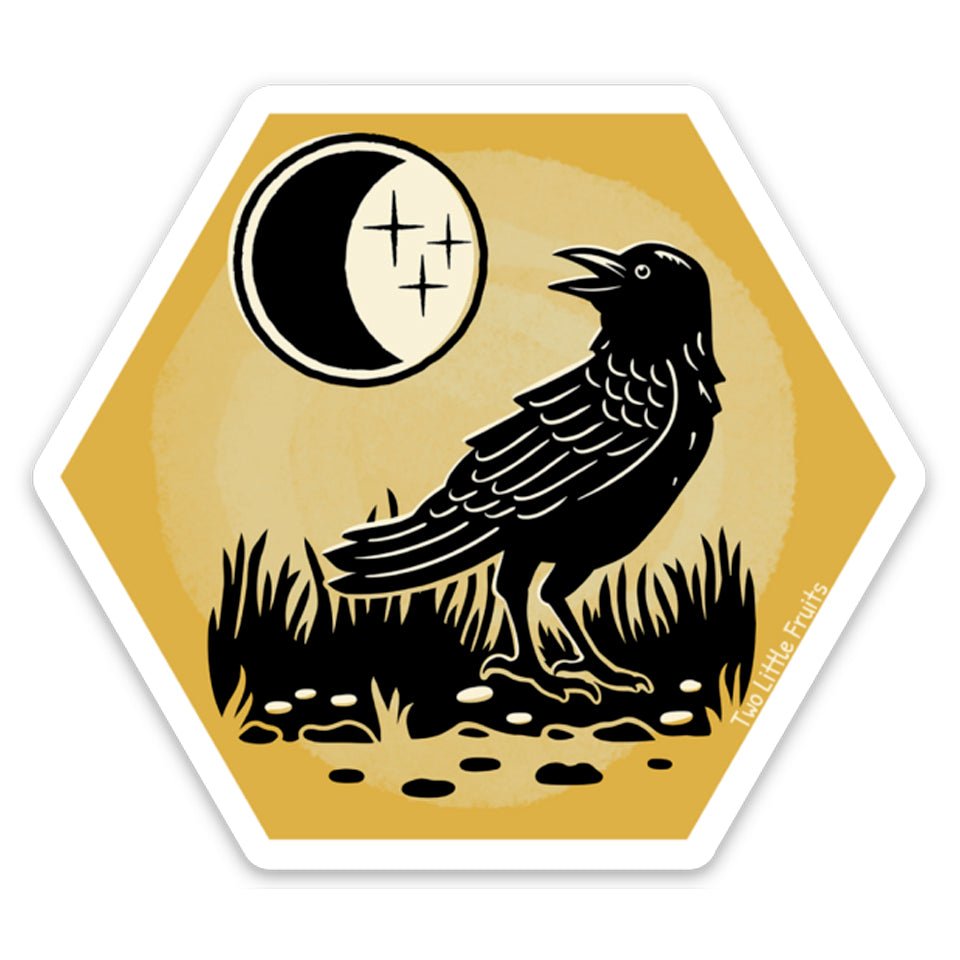 Unique Black Crow Sticker featuring a black crow against a vibrant background with a crescent moon, perfect for personalizing laptops and journals. This 3-inch waterproof vinyl design adds a charming and artistic touch to any collection.
