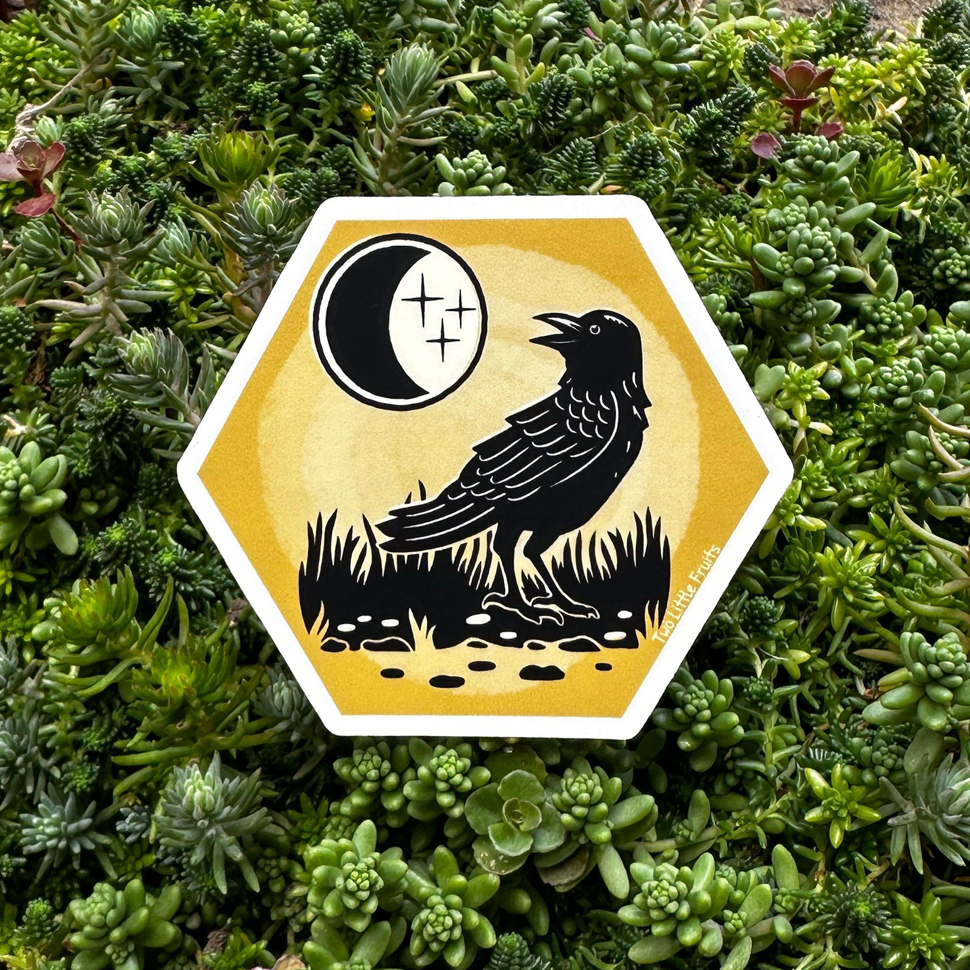 Unique Black Crow Sticker – 3 Inch Waterproof Vinyl Design featuring an artistic black crow against a vibrant yellow background, ideal for personalizing laptops and journals.