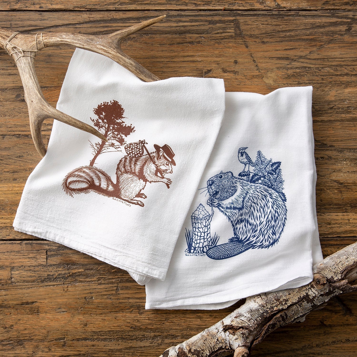 Unique Cotton Tea Towels Set - 2 Fun Towels Featuring Hobo Squirrel & Blue Beaver Designs - Tea Towels - Two Little Fruits - Two Little Fruits
