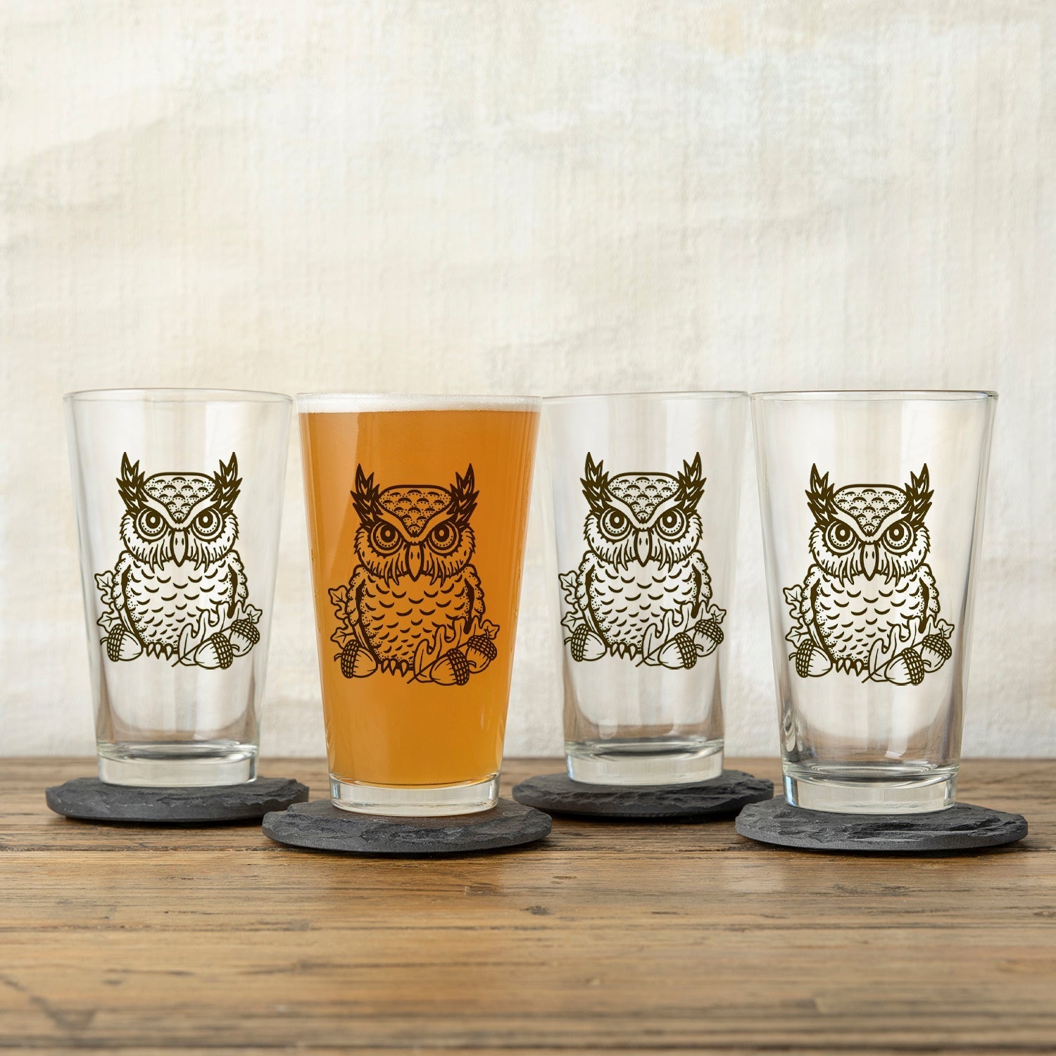 Unique Owl Pint Glass - 16 Oz Whimsical Design with Acorns & Oak Leaves - Pint Glass - Two Little Fruits - Two Little Fruits