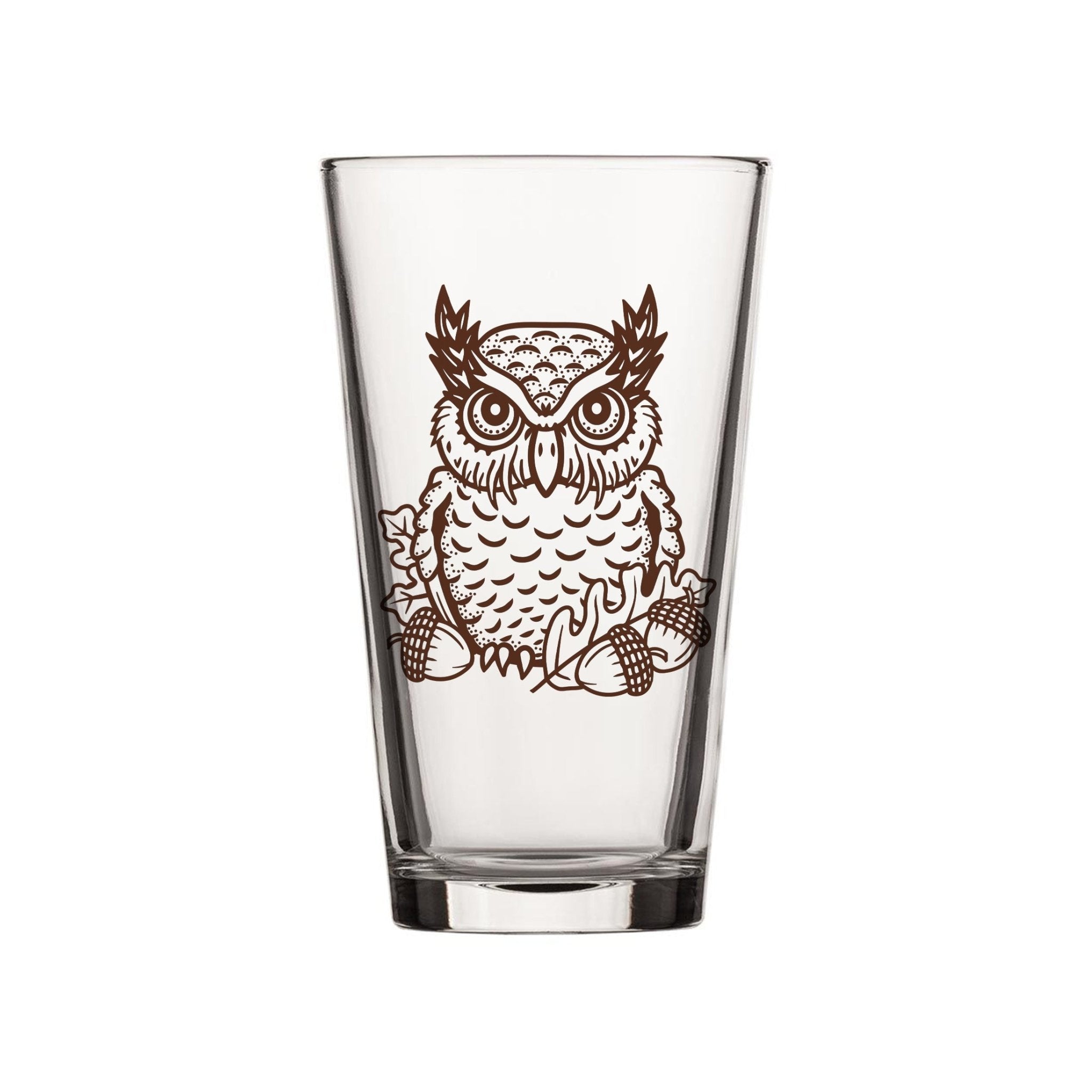 Unique Owl Pint Glass - 16 Oz Whimsical Design with Acorns & Oak Leaves - Pint Glass - Two Little Fruits - Two Little Fruits